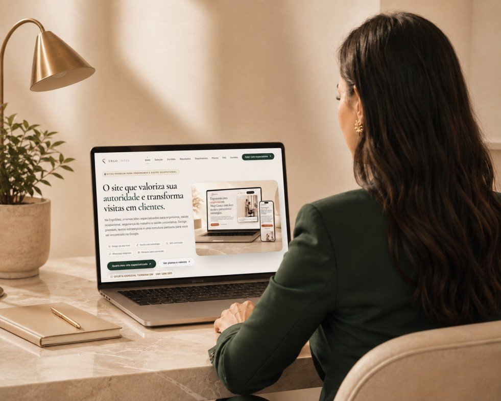 Profissional de ergonomia acessando um site criado pela ErgoSites no notebook