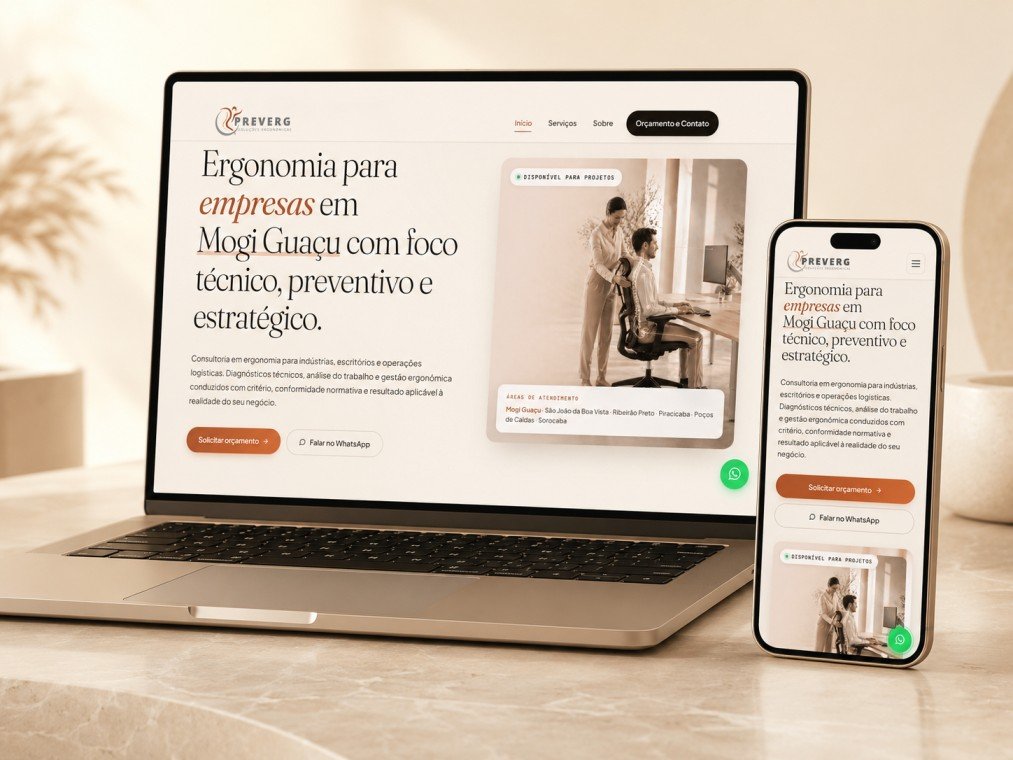 Site criado pela ErgoSites para a PrevErg Soluções Ergonômicas, exibido em notebook e celular